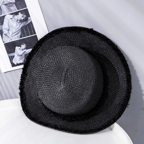 Vintage Black Frayed Edge Boater Straw Hat For Women Flat Top Breathable Sun Protection Beach Vacation Wide Brim Summer Hat