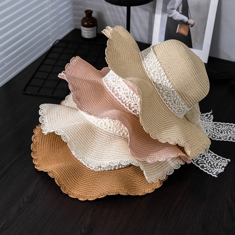 Women Summer Sun Protection Straw Hat Sweet Breathable Lace Bowknot Wide Scalloped Brim Sunshade Beach Bucket Hat For Lady Travel