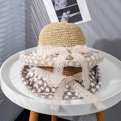 Sombrero de Sol de Paja de Papel Estilo Hepburn para Mujer Con Lazo de Encaje Bordado de Margaritas Ala Ancha Vacaciones Playa