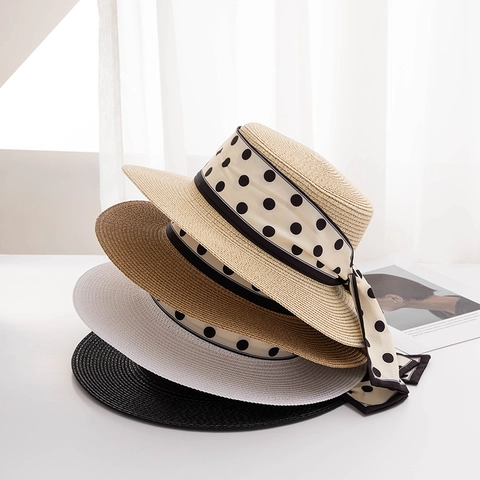 Sombrero Boater de Paja para Mujer Estilo Francés Ala Ancha Cinta de Lunares Lazo Sombrero de Sol Copa Plana Fedora