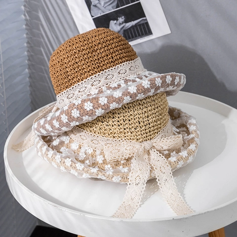 Sombrero de Sol de Paja de Papel Estilo Hepburn para Mujer Con Lazo de Encaje Bordado de Margaritas Ala Ancha Vacaciones Playa
