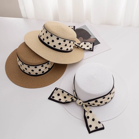 Sombrero Boater de Paja para Mujer Estilo Francés Ala Ancha Cinta de Lunares Lazo Sombrero de Sol Copa Plana Fedora