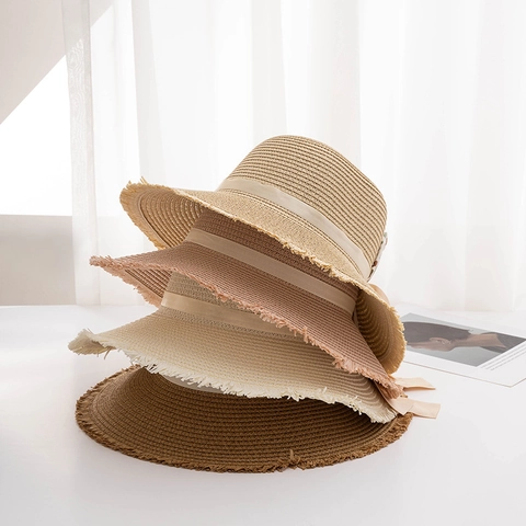 Sombrero de Sol para Mujer Plegable de Paja de Papel Sombrero de Pescador con Lazo y Borde de Flecos Transpirable Playa Verano
