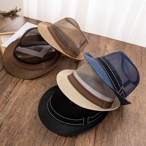 Men Summer Breathable Mesh Fedora Hat Vintage Paper Straw Sun Hat With Decorative Ribbon Stitching Outdoor Sunshade Jazz Cap