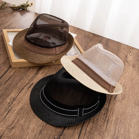 Men Summer Breathable Mesh Fedora Hat Vintage Paper Straw Sun Hat With Decorative Ribbon Stitching Outdoor Sunshade Jazz Cap