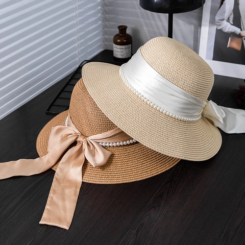Sombrero de Paja para Mujer de Estilo Francés Elegante Protección Solar de Verano con Lazo de Satén y Perlas Artificiales