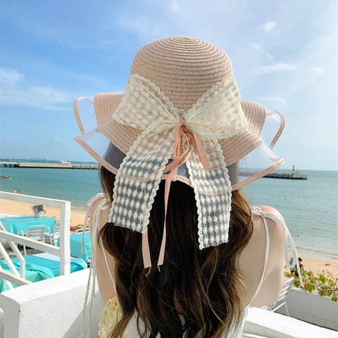 Women Sweet Paper Straw Hat Large Wave Brim Sun Protection Beach Hat With Lace Bow Ribbon Summer Vacation Shading Hat