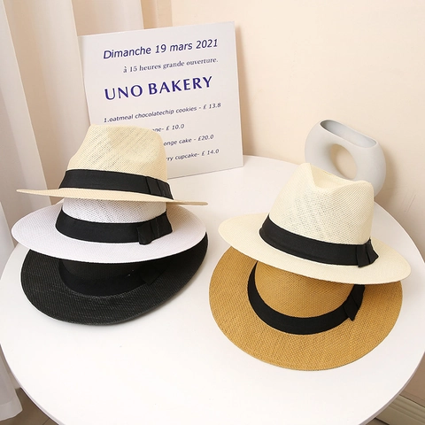 Sommer Atmungsaktiver Papierschöpfhalm Fedora Hut Breite Krempe Strand Sonnenhut Mit Schwarzer Schleife Für Herren Damen Britischer Vintage Jazz-Stil
