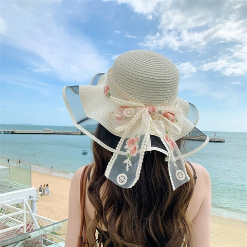 Damen Sommer Strohhut Sonnenschutz Große Krempe Papirolhut Mit Blumenstickerei Und Spitzenband Schleife Für Den Strandurlaub