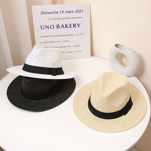 Sommer Atmungsaktiver Papierschöpfhalm Fedora Hut Breite Krempe Strand Sonnenhut Mit Schwarzer Schleife Für Herren Damen Britischer Vintage Jazz-Stil