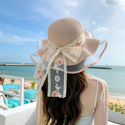 Damen Sommer Strohhut Sonnenschutz Große Krempe Papirolhut Mit Blumenstickerei Und Spitzenband Schleife Für Den Strandurlaub