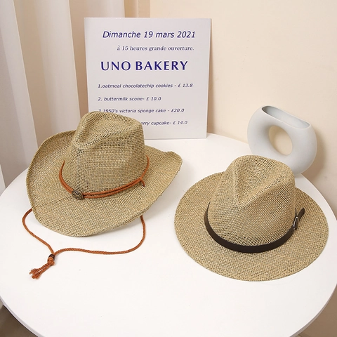Handgefertigter Western Cowboy Strohhut Mit Salzgras Sonnenschutz Breitkrempiger Fedora Strohhut Mit Verstellbarem Windseil Strandhut