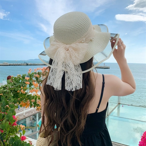 Women Elegant Paper Straw Sun Hat With Large Lace Bow And Artificial Pearl Summer Beach Breathable Wide Brim Straw Hat