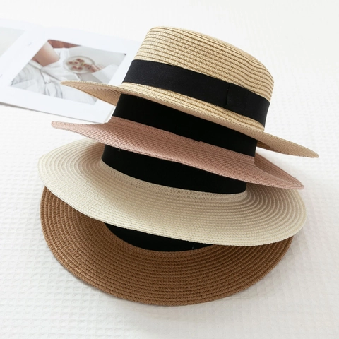 Damen Retro Papierstroh Boater Hut Breite Krempe Sonnenschutz Strandhut Mit Schwarzem Band Flache Krone Sommerurlaub Fedora