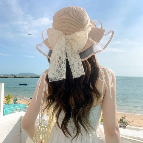 Women Elegant Paper Straw Sun Hat With Large Lace Bow And Artificial Pearl Summer Beach Breathable Wide Brim Straw Hat