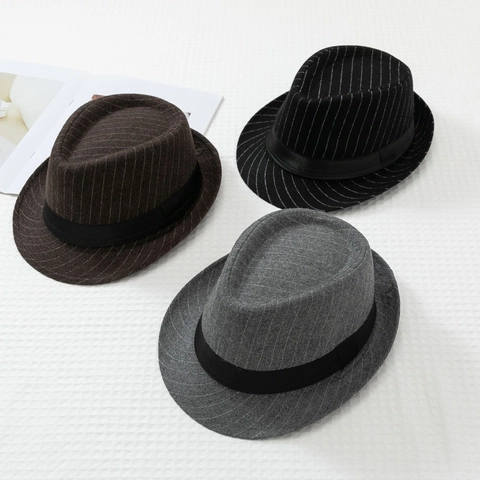 Retro Pinstripe Fedora Hat For Men Women Polyester British Style Jazz Cap Trilby With Decorative Band