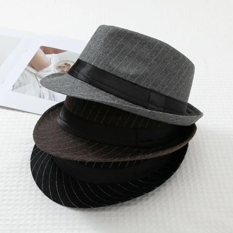 Retro Pinstripe Fedora Hat For Men Women Polyester British Style Jazz Cap Trilby With Decorative Band