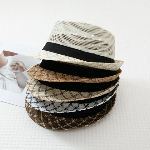 Chapeau Fedora en Paille à Maille Été pour Hommes Respirant Style Britannique Plaid Protection Solaire Jazz Cap Vintage Gentleman