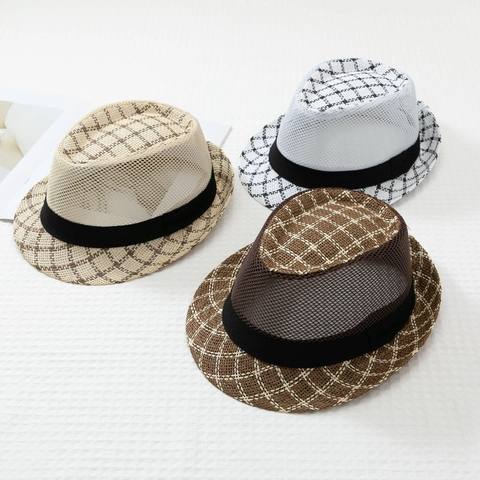 Chapeau Fedora en Paille à Maille Été pour Hommes Respirant Style Britannique Plaid Protection Solaire Jazz Cap Vintage Gentleman