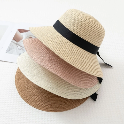 Chapeau de Paille pour Femmes Style Japonais Élégant Chapeau de Plage à Large Bord en Paille de Papier Avec Nœud Noir Été