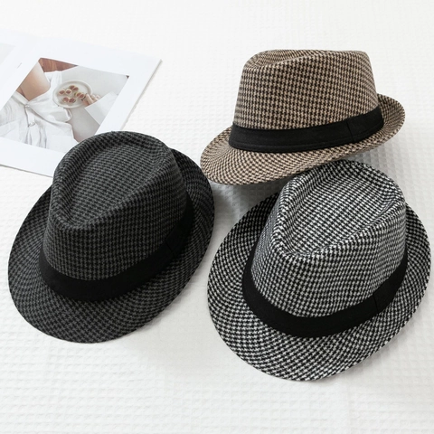 Chapeau Fedora Pied-de-Poule de Style Britannique Vintage pour Hommes Chapeau de Gentleman Jazz Automne Hiver Chaud