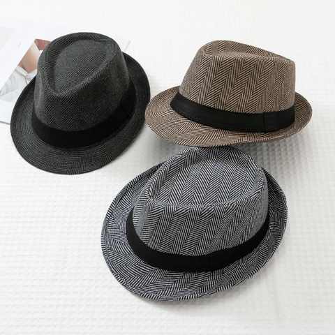 Chapeau Fedora Jazz Vintage à Chevrons Unisexe Style Britannique Bord Roulé Chapeau Panama Décontracté Protection Solaire Chapeau Trilby en Acrylique