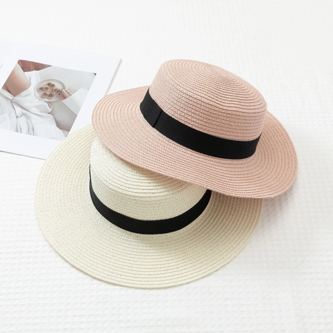 Damen Retro Papierstroh Boater Hut Breite Krempe Sonnenschutz Strandhut Mit Schwarzem Band Flache Krone Sommerurlaub Fedora