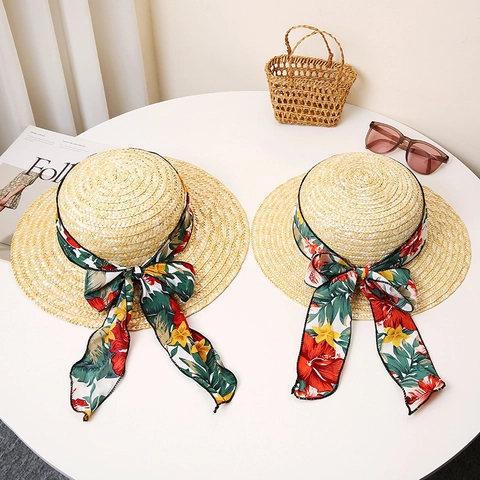Sombrero de Sol de Paja de Trigo de Verano para Mujer Con Lazo de Cinta de Satén Floral Ala Ancha Sombrero de Playa Vacaciones