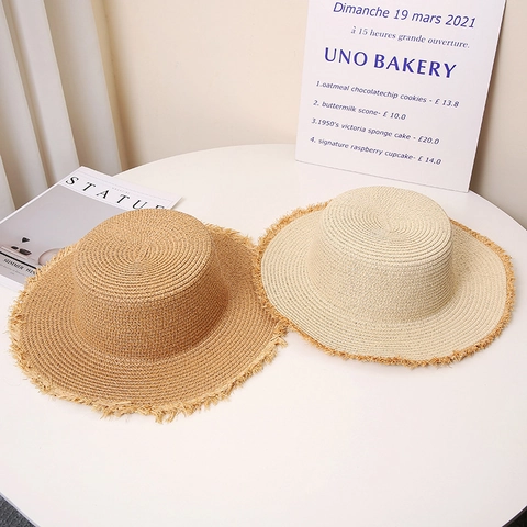 Sombrero Boater de Paja de Papel para Mujer Ala Ancha Borde Deshilachado Parte Superior Plana Protección Solar Playa Verano