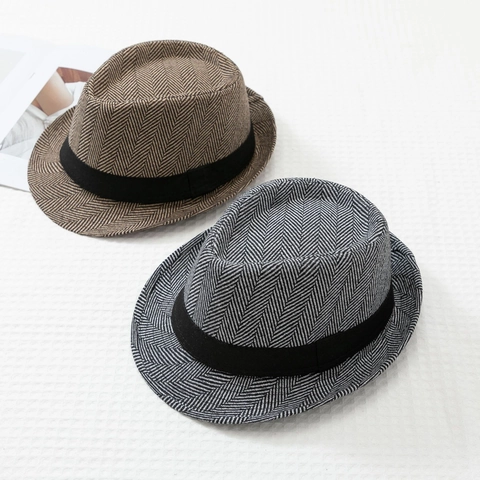 Chapeau Fedora Jazz Vintage à Chevrons Unisexe Style Britannique Bord Roulé Chapeau Panama Décontracté Protection Solaire Chapeau Trilby en Acrylique