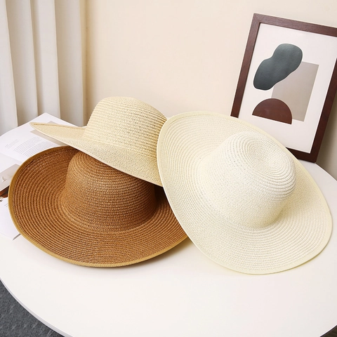 Women Large Brim Paper Straw Sun Hat Summer Beach Vacation Foldable Wide Brim Woven Sunshade Dome Hat For Outdoor