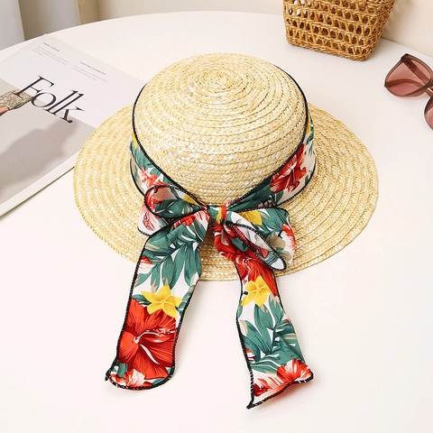 Sombrero de Sol de Paja de Trigo de Verano para Mujer Con Lazo de Cinta de Satén Floral Ala Ancha Sombrero de Playa Vacaciones