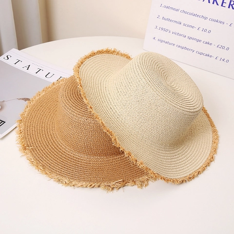 Sombrero Boater de Paja de Papel para Mujer Ala Ancha Borde Deshilachado Parte Superior Plana Protección Solar Playa Verano