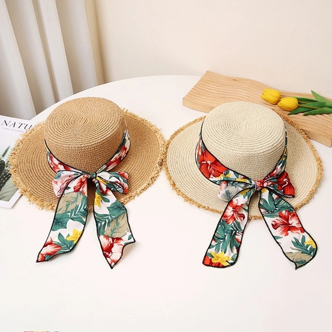 Damen Floral Schleife Flacher Strohhut Mit Schleifenknoten Breite Krempe Sommer Sonnenschutz Strand Reise Boater Hut Pastoral