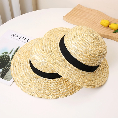 Unisex Wheat Straw Boater Hat Wide Brim Sun Protection Summer Beach Straw Hat For Women Men Vacation Pastoral Straw Woven Hat