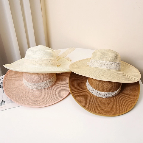 Sombrero de Sol de Paja de Papel de Ala Ancha para Mujer Con Lazo de Cinta de Encaje Estilo Pastoral Elegante Transpirable