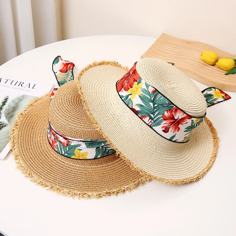 Damen Floral Schleife Flacher Strohhut Mit Schleifenknoten Breite Krempe Sommer Sonnenschutz Strand Reise Boater Hut Pastoral