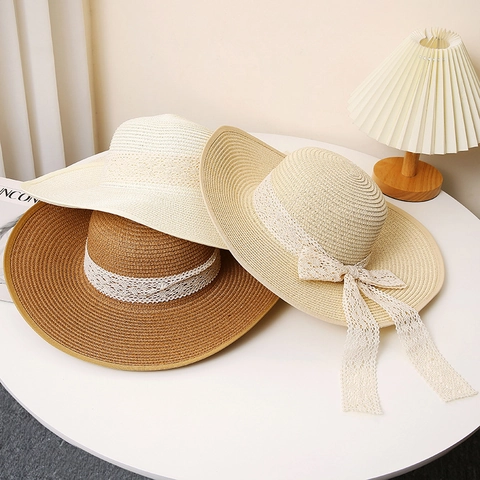 Sombrero de Sol de Paja de Papel de Ala Ancha para Mujer Con Lazo de Cinta de Encaje Estilo Pastoral Elegante Transpirable