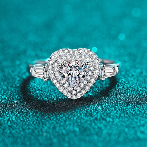 Luxury 925 Sterling Silver Heart Shaped Moissanite Ring For Women Double Halo Rhinestone Wedding Band Fine Jewelry Gift