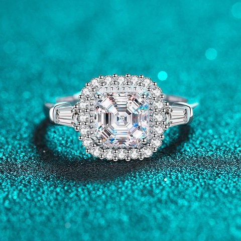 Luxus 925 Sterlingsilber Asscher Schliff Moissanit Ring Mit Halo Strass Baguette Seitensteine Vintage Hochzeitsschmuck Für Damen