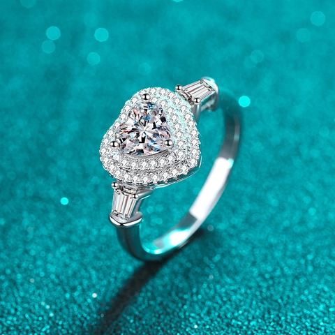 Luxury 925 Sterling Silver Heart Shaped Moissanite Ring For Women Double Halo Rhinestone Wedding Band Fine Jewelry Gift
