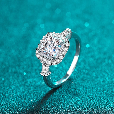 Luxus 925 Sterlingsilber Asscher Schliff Moissanit Ring Mit Halo Strass Baguette Seitensteine Vintage Hochzeitsschmuck Für Damen