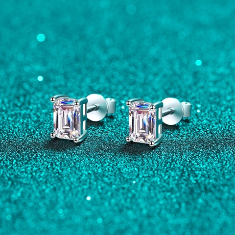 925 Sterling Silver Moissanite Stud Earrings For Women Emerald Cut Zirconia Elegant Geometric Four Prong Earring Jewelry