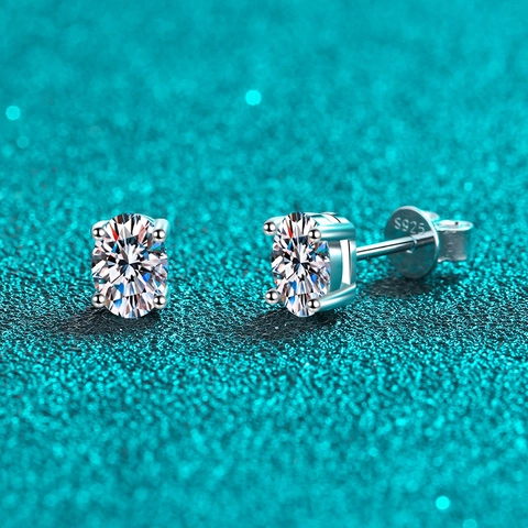Pendientes de Botón de Plata de Ley 925 Moissanita para Mujer Corte Ovalado Redondo Circonia Elegante Solitario Cuatro Garras Joyería