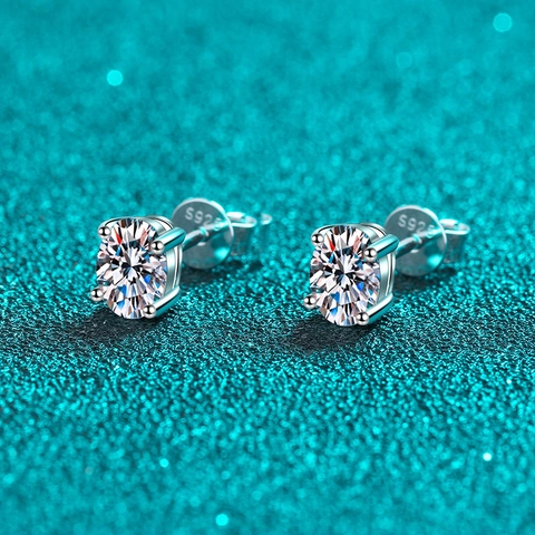 Pendientes de Botón de Plata de Ley 925 Moissanita para Mujer Corte Ovalado Redondo Circonia Elegante Solitario Cuatro Garras Joyería