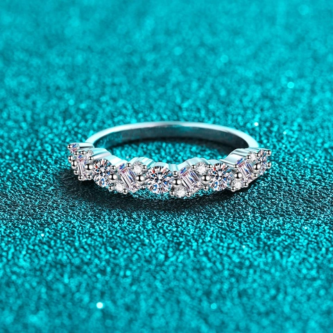 Anillo de Plata de Ley S925 Con Moissanita para Mujer Brillante Corte Redondo Baguette Incrustado Media Banda de Eternidad Boda Joyería