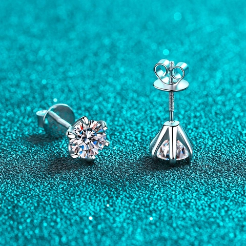 S925 Sterling Silver Moissanite Stud Earrings For Women 6-Claw Round Zirconia Screw-Back Simple Fashion Fine Jewelry Gift