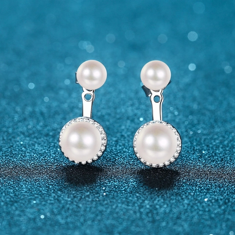 Moissanite Freshwater Pearl Double Stud Earrings With 925 Sterling Silver Earring Post Elegant Jewelry For Women