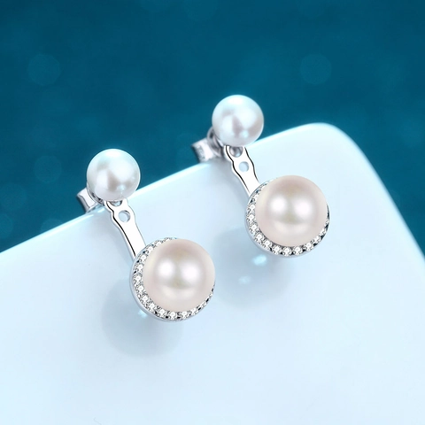 Moissanite Freshwater Pearl Double Stud Earrings With 925 Sterling Silver Earring Post Elegant Jewelry For Women