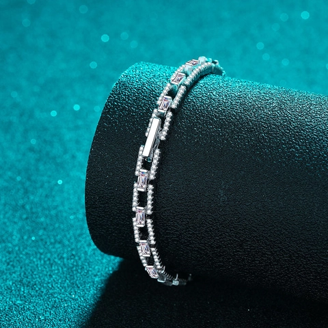 Bracciale in Argento Sterling S925 con Moissanite Lusso Rettangolo Maglia Geometrica Pavé Intarsiato per Donna Regalo Gioielli